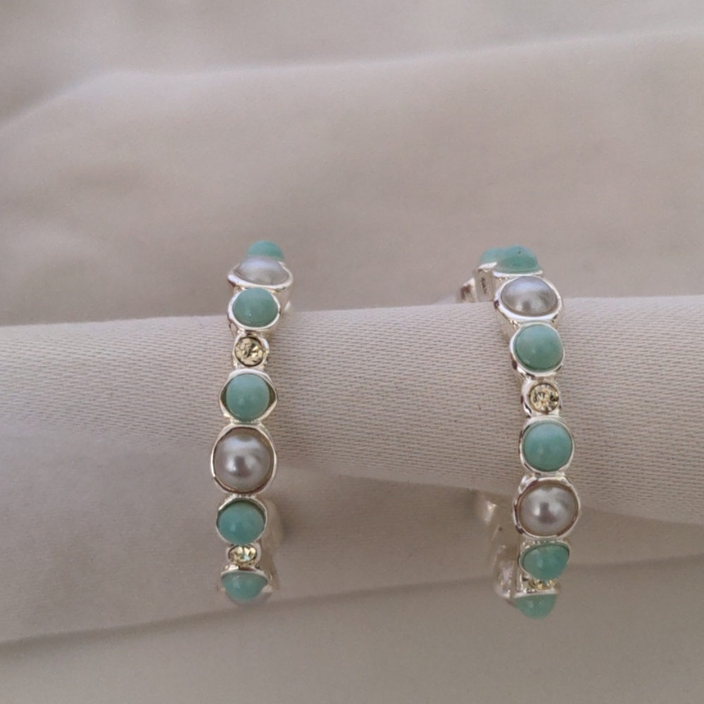 Silver, turquoise, pearl hoop earrings